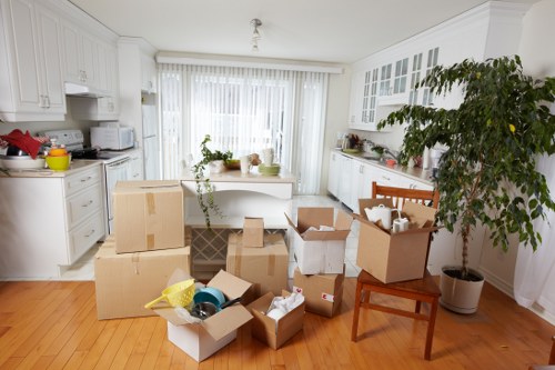 Professional movers handling household items in a riverside Docklands property